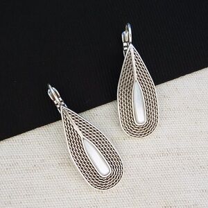 Modern Silver Teardrop Earrings with Center Stone, Designed in France